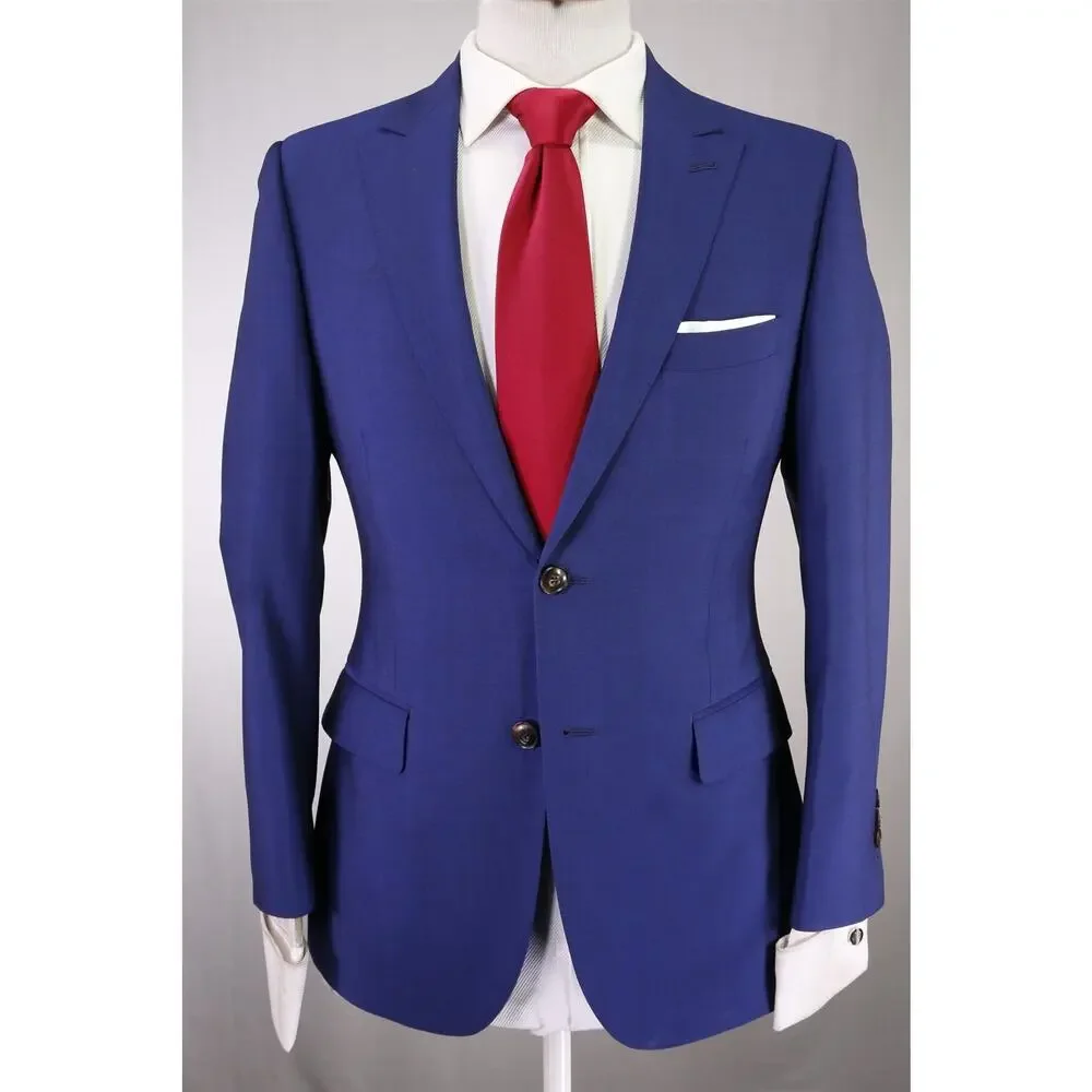 Custom Tailored Bespoke Current Royal Blue 2-Btn Peak Lapel Slim Wool Suit 36S